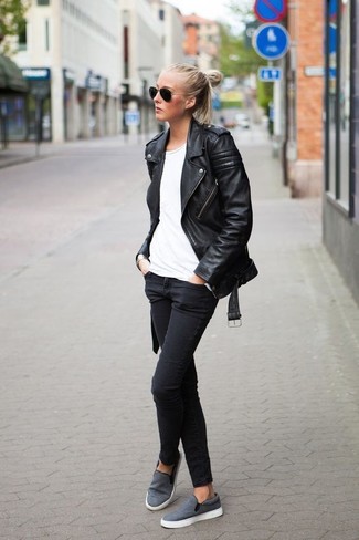 Black Leather Biker Jacket Outfits For Women: This combination of a black leather biker jacket and black skinny jeans is indisputable proof that a pared down off-duty ensemble doesn't have to be boring. And if you need to instantly tone down your ensemble with a pair of shoes, why not rock a pair of charcoal slip-on sneakers?