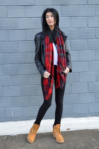 Burgundy Plaid Scarf Outfits For Women: This relaxed casual combination of a black leather biker jacket and a burgundy plaid scarf can take on different forms according to the way you style it. To give your overall getup a more sophisticated touch, complete this outfit with tan suede lace-up flat boots.