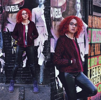 Women's Dark Purple Print Biker Jacket, White and Black Print Crew-neck T-shirt, Black Leather Skinny Jeans, Violet Suede Lace-up Flat Boots