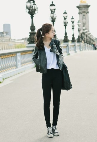 Black High Top Sneakers Outfits For Women: On days when comfort is the priority, wear a black leather biker jacket with black skinny jeans. If you want to instantly dial down this ensemble with one piece, why not complement your ensemble with black high top sneakers?
