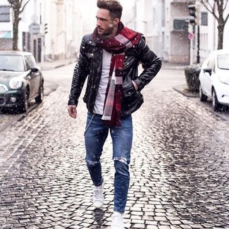 Burgundy Scarf Outfits For Men: We all look for practicality when it comes to styling, and this urban pairing of a black leather biker jacket and a burgundy scarf is a great illustration of that. White low top sneakers are a fail-safe way to bring a sense of class to this look.