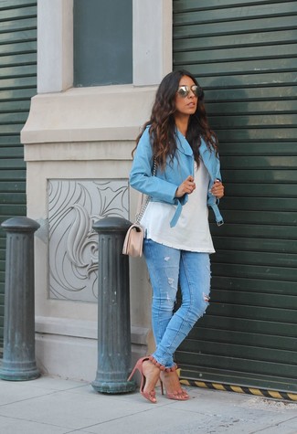 Women's Light Blue Leather Biker Jacket, White Crew-neck T-shirt, Light Blue Ripped Skinny Jeans, Pink Leather Heeled Sandals