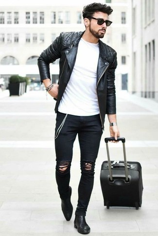 Men's Black Quilted Leather Biker Jacket, White Crew-neck T-shirt, Black Ripped Skinny Jeans, Black Leather Chelsea Boots