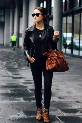 Women's Black Leather Biker Jacket, Black Crew-neck T-shirt, Black Skinny Jeans, Tan Leopard Leather Ankle Boots