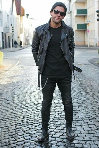Asymmetric Leather Biker Jacket Black