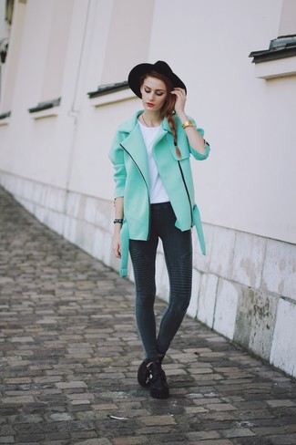 Women's Mint Wool Biker Jacket, White Crew-neck T-shirt, Charcoal Skinny Jeans, Black Leather Ankle Boots