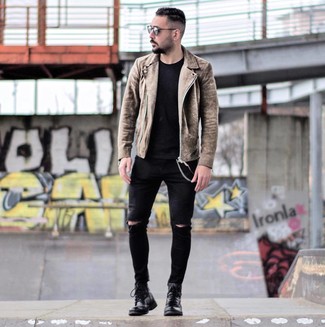 Dark Brown Suede Biker Jacket Outfits For Men: Consider wearing a dark brown suede biker jacket and black ripped skinny jeans for an off-duty getup with an edgy spin. Jazz up your outfit with a more polished kind of footwear, like these black leather casual boots.