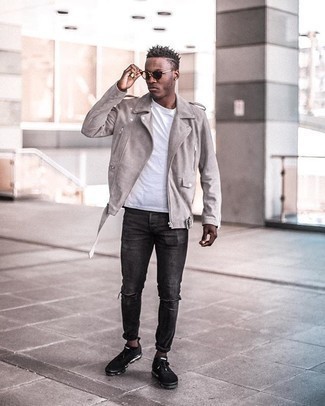 Grey Biker Jacket Outfits For Men: A grey biker jacket and charcoal ripped skinny jeans are a great getup to have in your day-to-day arsenal. If not sure about what to wear in the shoe department, complete this getup with black athletic shoes.