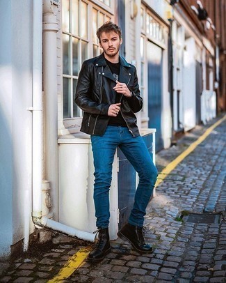 A black leather biker jacket and blue skinny jeans are essential in any man's great casual collection. Introduce black leather casual boots to the equation to effortlessly bump up the wow factor of any ensemble.