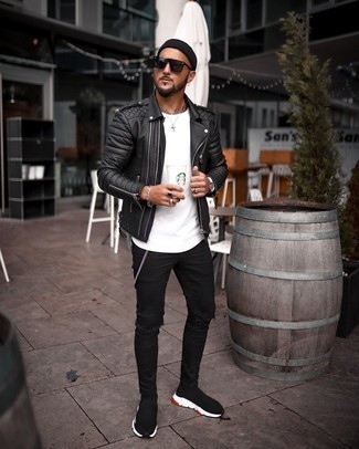 Black Quilted Leather Biker Jacket Outfits For Men: To pull together an off-duty outfit with an urban finish, team a black quilted leather biker jacket with black ripped skinny jeans. Our favorite of a great number of ways to round off this outfit is with a pair of black and white athletic shoes.
