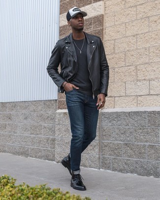 White and Black Print Baseball Cap Outfits For Men: If the setting allows off-duty dressing, consider pairing a black leather biker jacket with a white and black print baseball cap. You can get a little creative with shoes and dress up this look by sporting a pair of black leather casual boots.