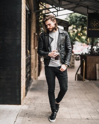 Black Quilted Leather Biker Jacket Outfits For Men: Reach for a black quilted leather biker jacket and black skinny jeans for relaxed dressing with a twist. Tone down the casualness of this ensemble by sporting black leather double monks.