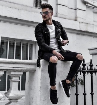 Black Skinny Jeans with Athletic Shoes Outfits For Men: For a casual and cool getup, rock a black leather biker jacket with black skinny jeans — these two items play pretty good together. If you want to easily dial down your outfit with a pair of shoes, why not add a pair of athletic shoes to your ensemble?