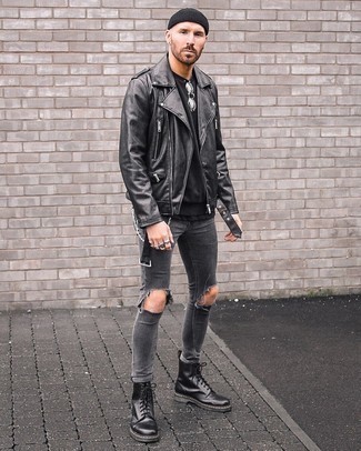 Men's Black Leather Biker Jacket, Black Crew-neck T-shirt, Charcoal Ripped Skinny Jeans, Black Leather Casual Boots