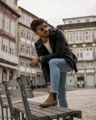 Brown Suede Chelsea Boots Outfits For Men: Try pairing a black leather biker jacket with light blue skinny jeans for a trendy and easy-going ensemble. Feeling creative today? Shake things up by slipping into a pair of brown suede chelsea boots.