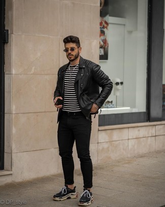 Men's Black Quilted Leather Biker Jacket, White and Black Horizontal Striped Crew-neck T-shirt, Black Skinny Jeans, Black Athletic Shoes