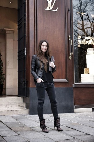 Women's Black Leather Biker Jacket, Black Crew-neck T-shirt, Charcoal Skinny Jeans, Black Embroidered Suede Ankle Boots