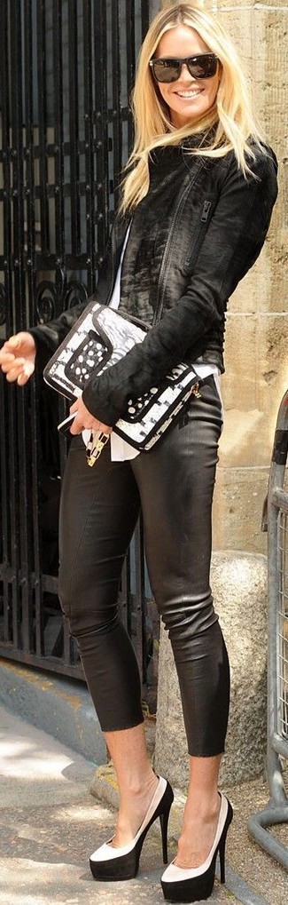 Women's Black Suede Biker Jacket, White Crew-neck T-shirt, Black Leather Skinny Pants, White and Black Leather Pumps