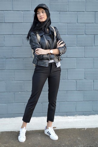 Women's Black Leather Biker Jacket, Grey Crew-neck T-shirt, Black Skinny Pants, White and Black Leather Low Top Sneakers