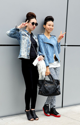 White and Blue Skinny Pants Outfits: This is solid proof that a light blue denim biker jacket and white and blue skinny pants are awesome when matched together in an off-duty getup. Feeling creative? Change things up a bit by finishing off with a pair of black leather high top sneakers.