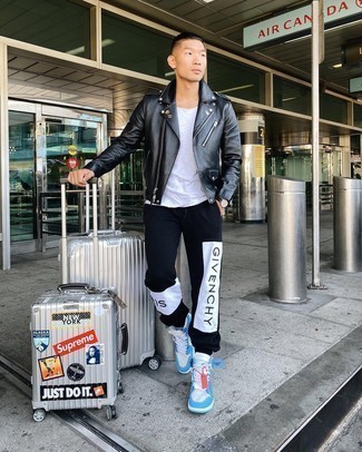 White Leather High Top Sneakers Outfits For Men: When you want to look dapper and stay comfortable, dress in a black leather biker jacket and black and white print sweatpants. White leather high top sneakers integrate well within a ton of combinations.