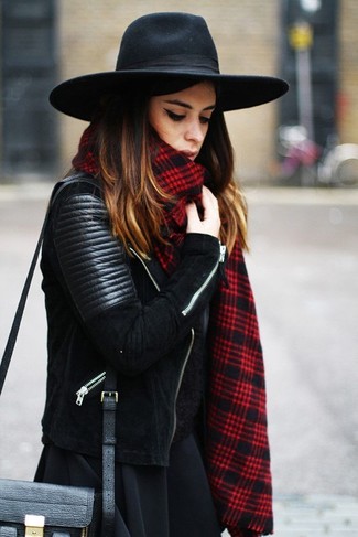 Red and Navy Plaid Scarf Outfits For Women: A black suede biker jacket and a red and navy plaid scarf are wonderful must-haves that will integrate perfectly within your day-to-day lineup.