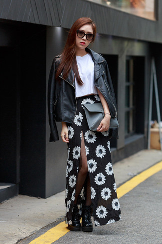 Women's Black Leather Biker Jacket, White Cropped Top, Black and White Floral Maxi Skirt, Black Leather Lace-up Flat Boots