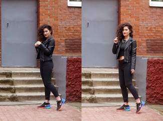Women's Black Leather Biker Jacket, Black Cropped Top, Black Skinny Jeans, Black Athletic Shoes