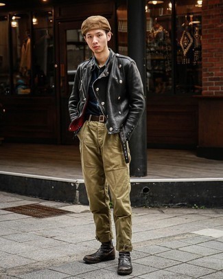 Biker Jacket with Chelsea Boots Outfits For Men: You'll be surprised at how easy it is for any guy to get dressed like this. Just a biker jacket and khaki chinos. Finishing off with a pair of chelsea boots is a surefire way to introduce a bit of zing to your look.