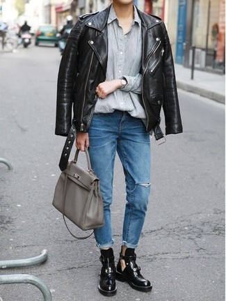 Charcoal Leather Satchel Bag Outfits: Consider pairing a black leather biker jacket with a charcoal leather satchel bag to put together a totaly chic and modern-looking casual ensemble. You could perhaps get a little creative on the shoe front and add black cutout leather ankle boots to your look.