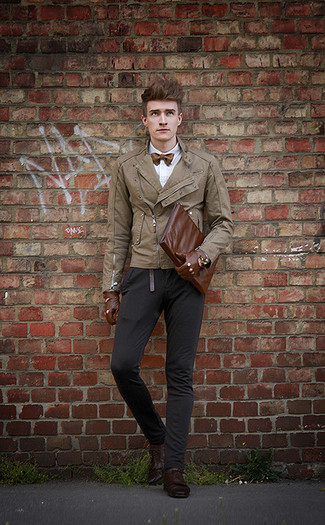 Tan Leather Biker Jacket Outfits For Men: This casual combination of a tan leather biker jacket and black chinos is super easy to put together in next to no time, helping you look sharp and ready for anything without spending too much time rummaging through your wardrobe. For something more on the elegant end to complete your look, complete your look with dark brown leather derby shoes.