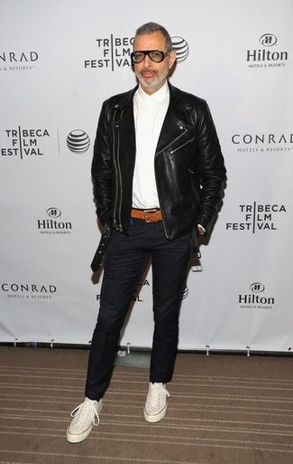 Jeff Goldblum wearing Black Leather Biker Jacket, White Dress Shirt, Black Chinos, White Canvas High Top Sneakers