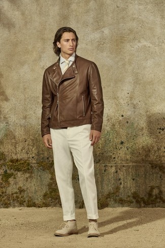 Men's Brown Leather Biker Jacket, Grey Dress Shirt, White Chinos, Beige Suede Desert Boots