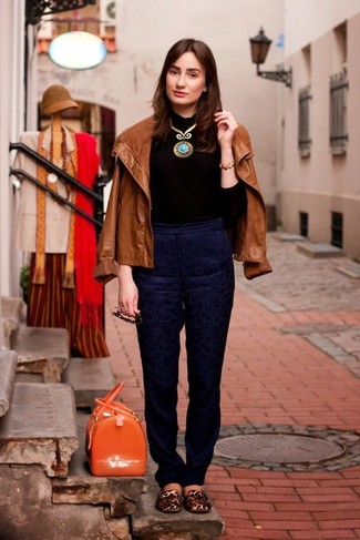 Navy Floral Dress Pants Outfits For Women: Why not reach for a tobacco leather biker jacket and navy floral dress pants? As well as very functional, both items look good when worn together. A trendy pair of brown leopard suede loafers is an easy way to add an element of sophistication to this outfit.