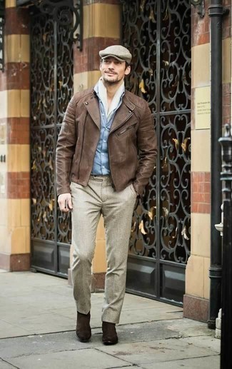 White Scarf Outfits For Men: This pairing of a brown leather biker jacket and a white scarf will cement your expertise in menswear styling even on dress-down days. Give a touch of polish to your look by finishing with a pair of dark brown suede chelsea boots.