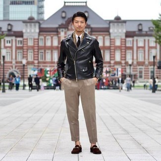 Tan Print Scarf Outfits For Men: If you’re a jeans-and-a-tee kind of guy, you'll like the pared down but casually stylish combo of a black leather biker jacket and a tan print scarf. Up the dressiness of this look a bit by slipping into dark brown suede tassel loafers.
