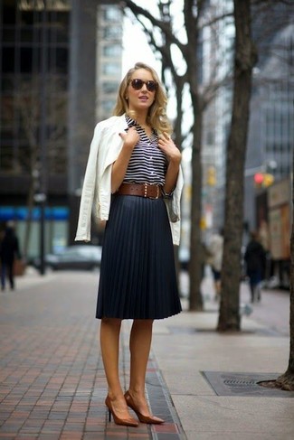 Women's White Leather Biker Jacket, White and Navy Horizontal Striped Dress Shirt, Navy Pleated Silk Midi Skirt, Brown Leather Pumps