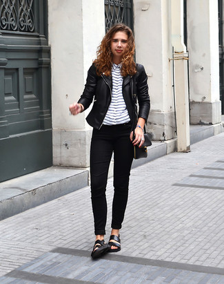 Women's Black Quilted Leather Biker Jacket, White and Black Horizontal Striped Dress Shirt, Black Skinny Jeans, Black Leather Flat Sandals