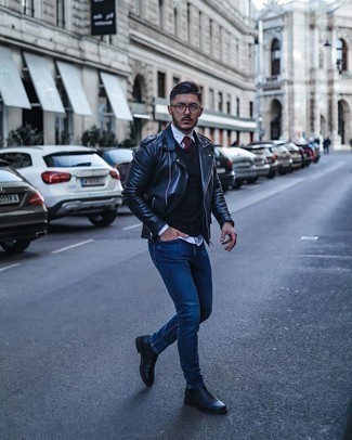 Navy Skinny Jeans Smart Casual Outfits For Men: You're looking at the definitive proof that a black leather biker jacket and navy skinny jeans look awesome when you team them up in an off-duty ensemble. To add a little zing to this ensemble, introduce black leather chelsea boots to this getup.
