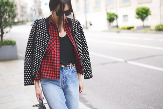 Tan Leopard Belt Outfits For Women: Why not reach for a black and white polka dot biker jacket and a tan leopard belt? As well as totally comfortable, both pieces look nice when worn together.