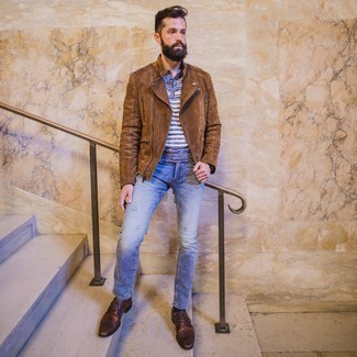 Dark Brown Suede Biker Jacket Outfits For Men: A dark brown suede biker jacket and light blue ripped jeans will add extra style to your current casual arsenal. Add brown leather derby shoes to the equation to immediately up the style factor of any look.