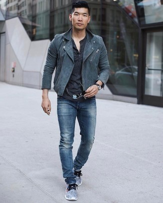 Charcoal Suede Biker Jacket Outfits For Men: Who said you can't make a stylish statement with a relaxed look? You can do that easily in a charcoal suede biker jacket and blue ripped jeans. Let your outfit coordination savvy truly shine by finishing your look with grey athletic shoes.