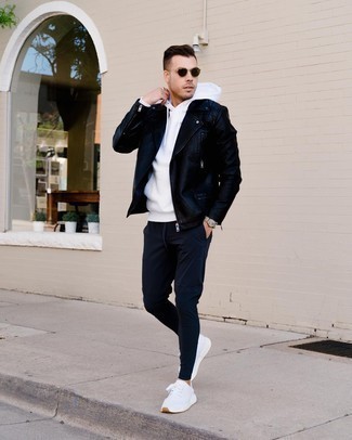 White and Navy Athletic Shoes Outfits For Men: A black leather biker jacket and navy chinos are the kind of a winning off-duty ensemble that you need when you have no time to dress up. Give a more informal twist to your outfit by slipping into a pair of white and navy athletic shoes.