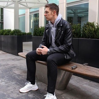 Black Chinos Warm Weather Outfits: Why not rock a black leather biker jacket with black chinos? As well as super functional, both of these pieces look great when worn together. For something more on the daring side to complement your look, introduce a pair of white athletic shoes to your look.