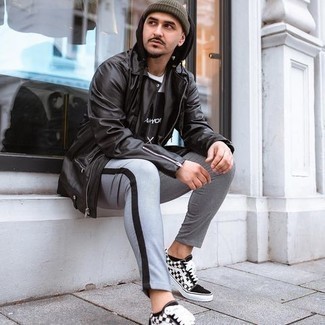 Black and White Check Canvas Low Top Sneakers Outfits For Men: Such staples as a black leather biker jacket and grey chinos are an easy way to infuse some cool into your day-to-day repertoire. A pair of black and white check canvas low top sneakers will never date.