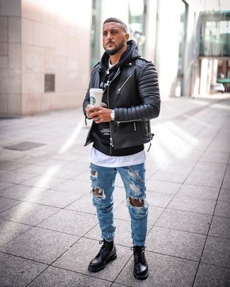 Black Quilted Leather Biker Jacket Outfits For Men: This combo of a black quilted leather biker jacket and blue ripped jeans is solid proof that a simple off-duty look doesn't have to be boring. Complete this outfit with black leather casual boots for an element of class.