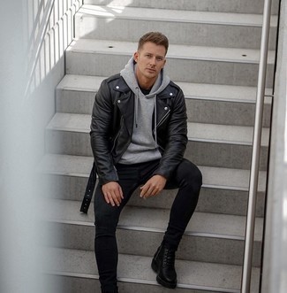 Black Leather Casual Boots Outfits For Men: If the situation permits a casual outfit, you can dress in a black leather biker jacket and black skinny jeans. Black leather casual boots will infuse an added dose of class into an otherwise everyday look.