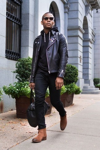 Black Pants with Brown Shoes Outfits For Men: Reach for a black leather biker jacket and black pants to pull together a casually cool outfit. Don't know how to round off your getup? Wear brown suede chelsea boots to turn up the fashion factor.