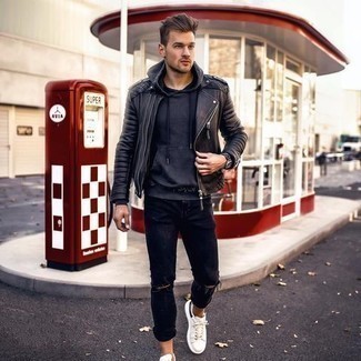 Black Quilted Leather Biker Jacket Outfits For Men: To achieve a laid-back ensemble with a twist, try pairing a black quilted leather biker jacket with navy ripped jeans. Spice up this getup by rounding off with a pair of white and black canvas low top sneakers.