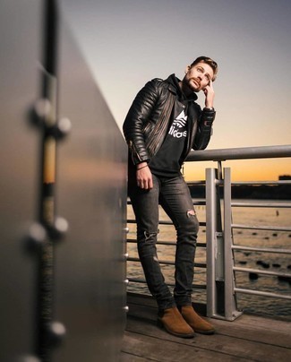 Men's Black Quilted Leather Biker Jacket, Black and White Print Hoodie, Charcoal Ripped Jeans, Brown Suede Chelsea Boots